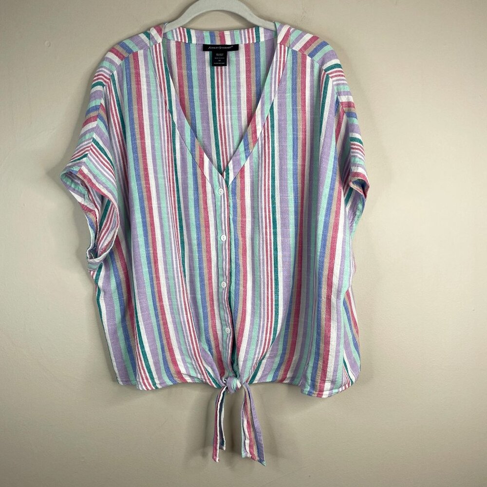 Vintage Beach‎ Tie Front Top Womens 18 Button Up Linen Blend Vacation Travel